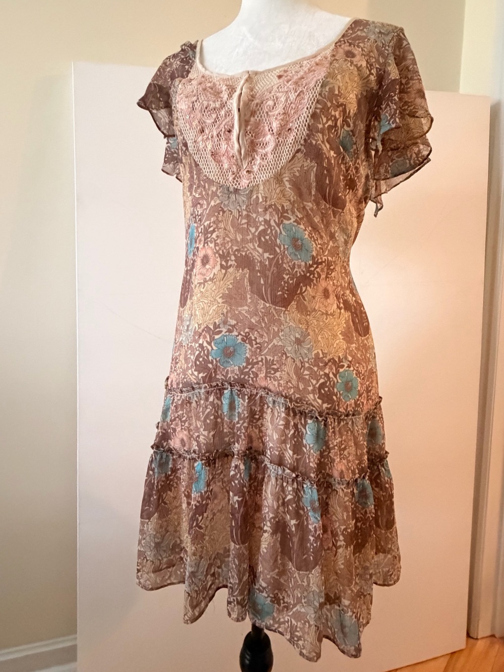 Free People Cream Floral Mini Dress with Sequin Beading